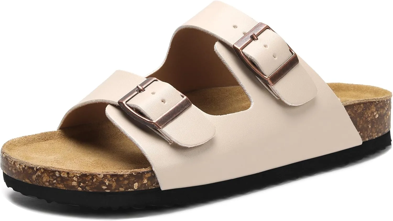 Genuine Leather Cork Footbed Sandals with Arch Support Women Men's Flat Slip Slippers with Adjustable Double Buckle Beach Sandal Memory Foam Slides Open Toe Slipper for Summer Vacation