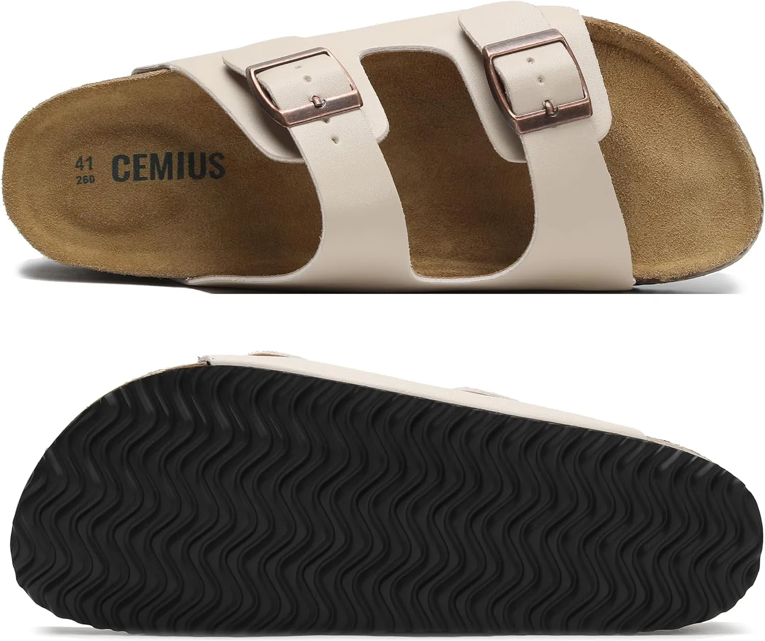 Genuine Leather Cork Footbed Sandals with Arch Support Women Men's Flat Slip Slippers with Adjustable Double Buckle Beach Sandal Memory Foam Slides Open Toe Slipper for Summer Vacation