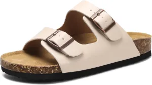 Genuine Leather Cork Footbed Sandals with Arch Support Women Men's Flat Slip Slippers with Adjustable Double Buckle Beach Sandal Memory Foam Slides Open Toe Slipper for Summer Vacation