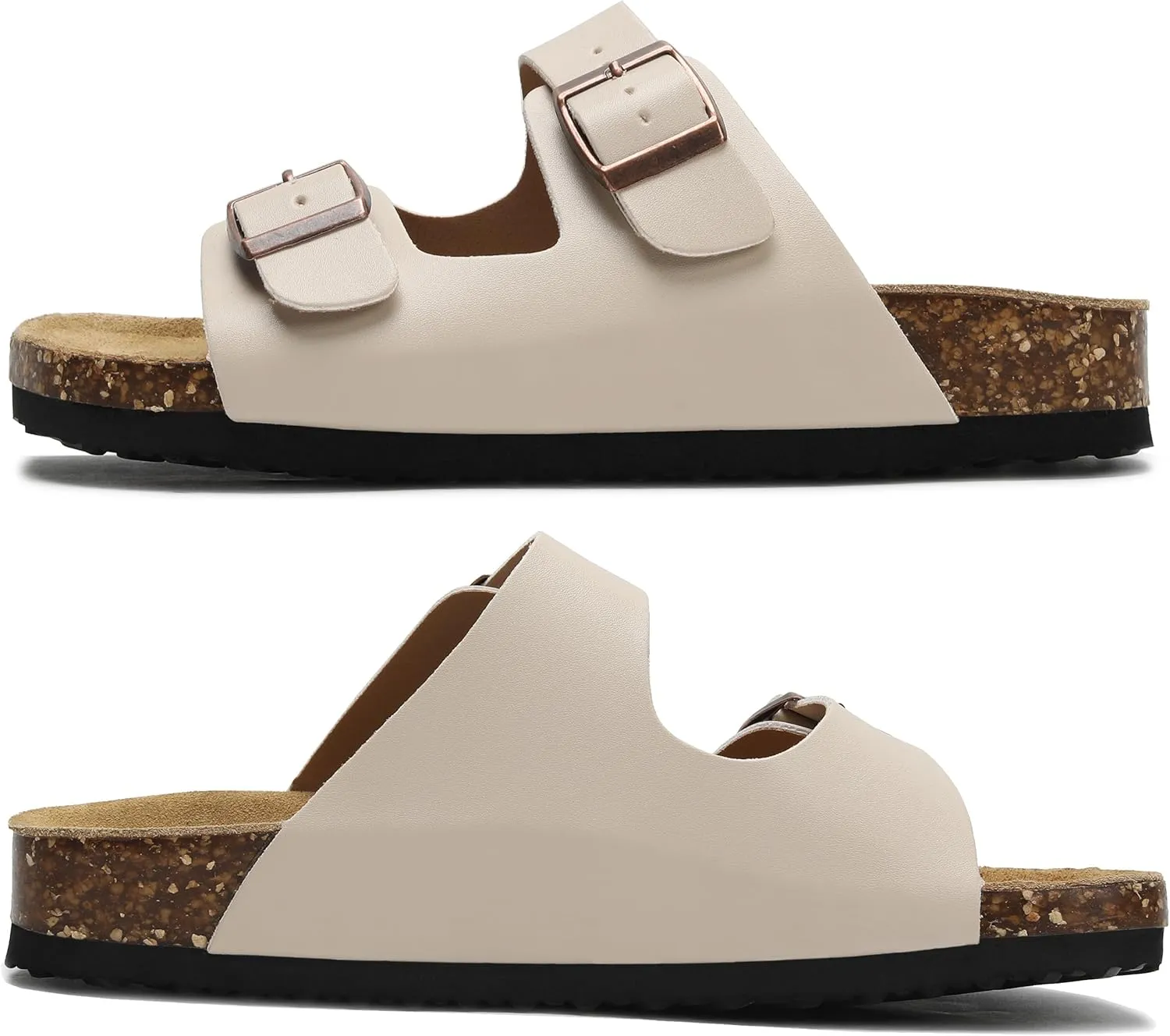 Genuine Leather Cork Footbed Sandals with Arch Support Women Men's Flat Slip Slippers with Adjustable Double Buckle Beach Sandal Memory Foam Slides Open Toe Slipper for Summer Vacation