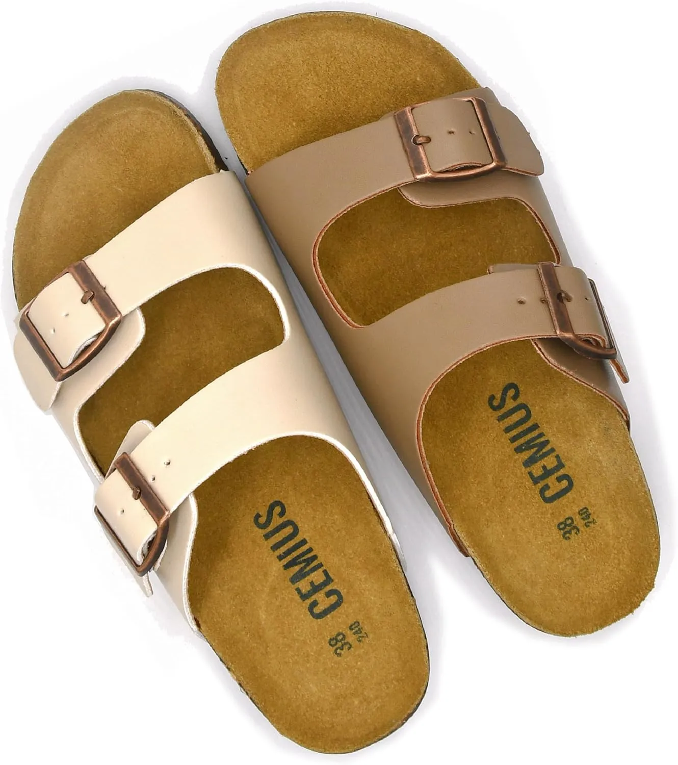 Genuine Leather Cork Footbed Sandals with Arch Support Women Men's Flat Slip Slippers with Adjustable Double Buckle Beach Sandal Memory Foam Slides Open Toe Slipper for Summer Vacation