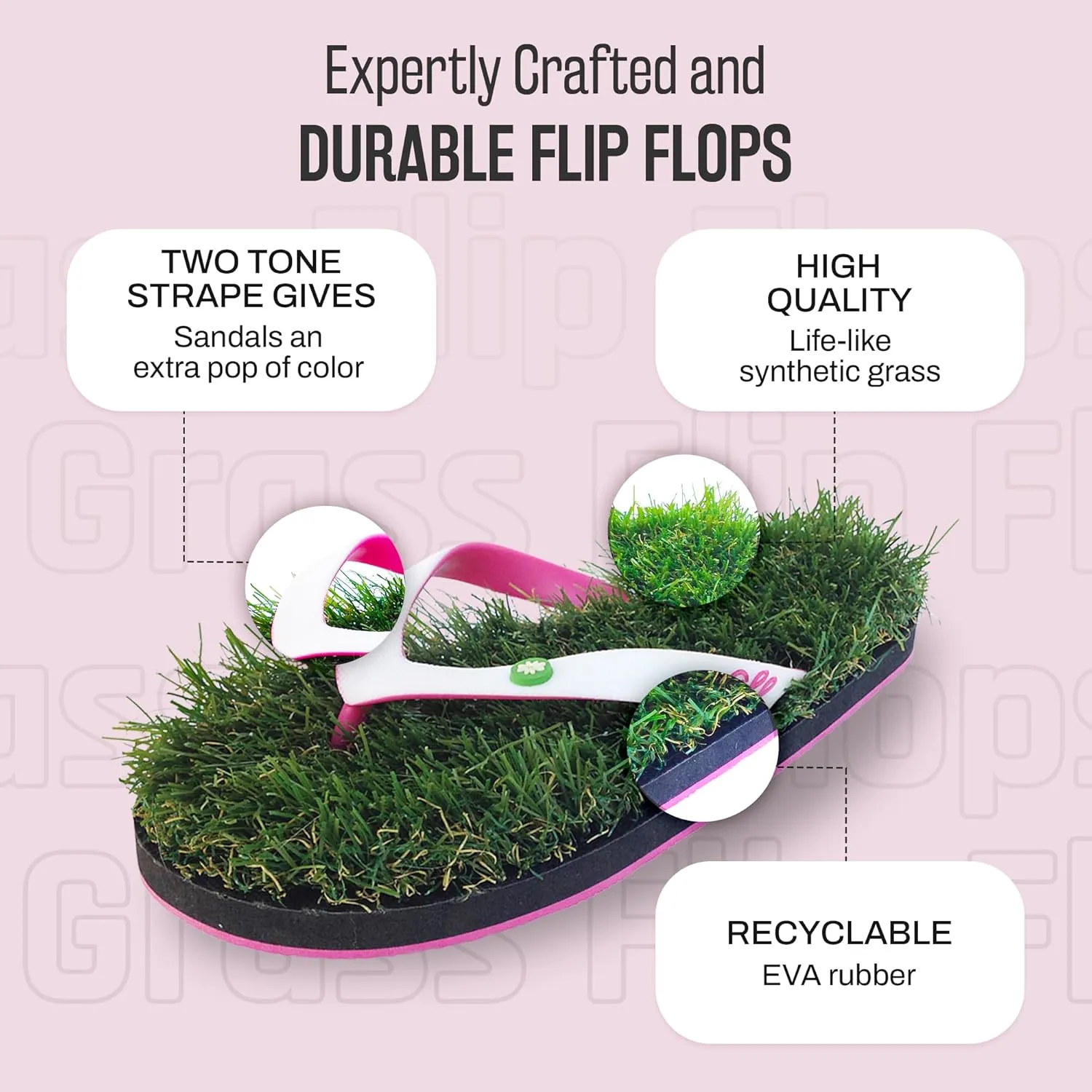 GFF Grass Flip Flops for Men/Women/Kids - XS/S/M/L Size Sandal - Camo/Black/Pink Color Slippers