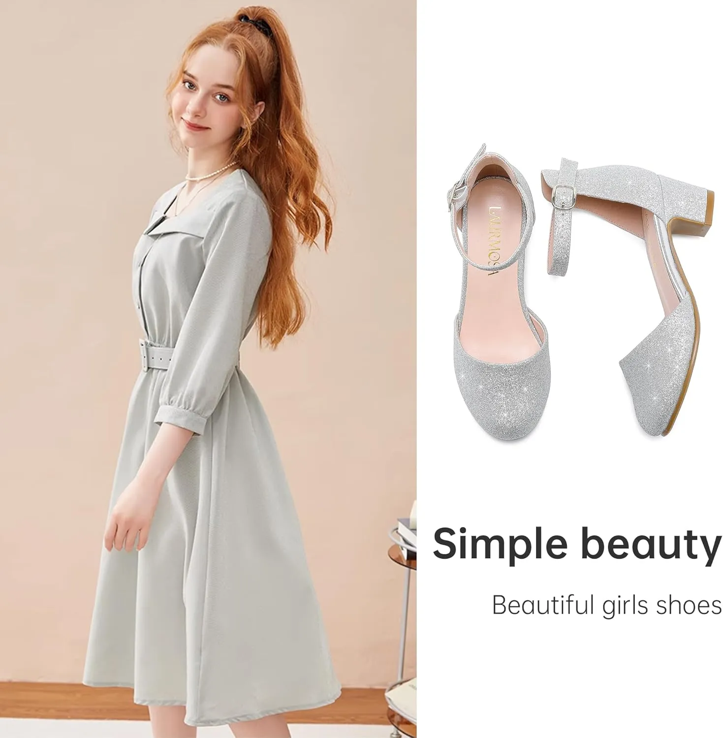 Girls Dress Shoes Closed Toe Chunky High Heels Ankle Strap Wedding Party Pump Shoes