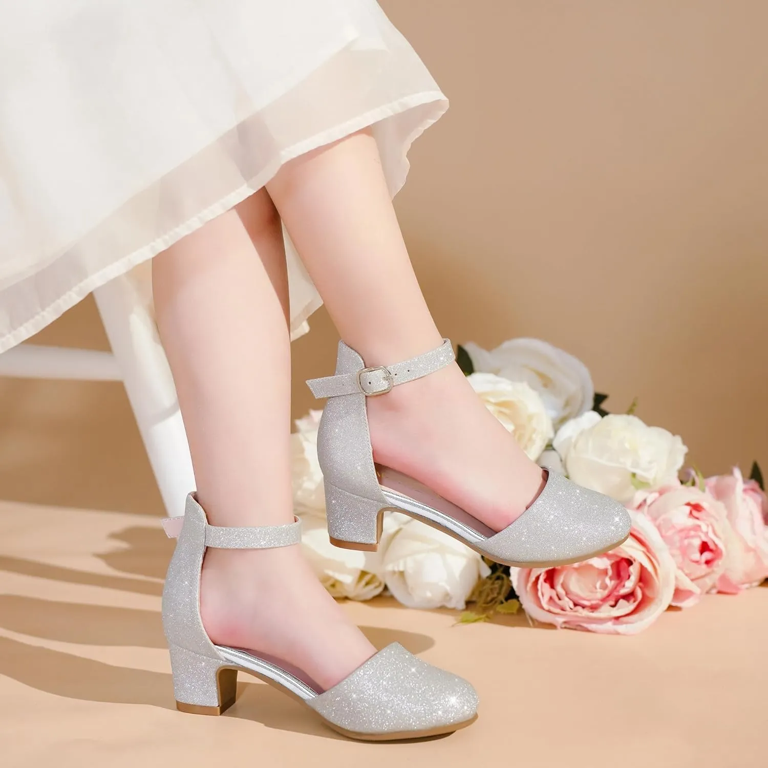 Girls Dress Shoes Closed Toe Chunky High Heels Ankle Strap Wedding Party Pump Shoes