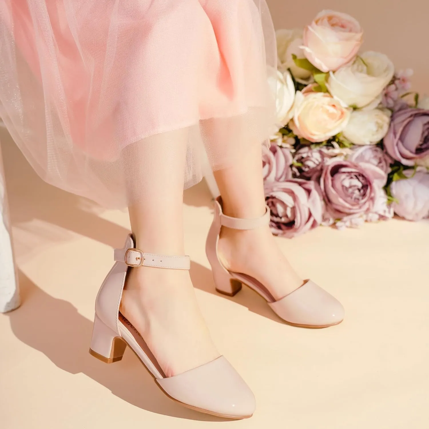 Girls Dress Shoes Closed Toe Chunky High Heels Ankle Strap Wedding Party Pump Shoes