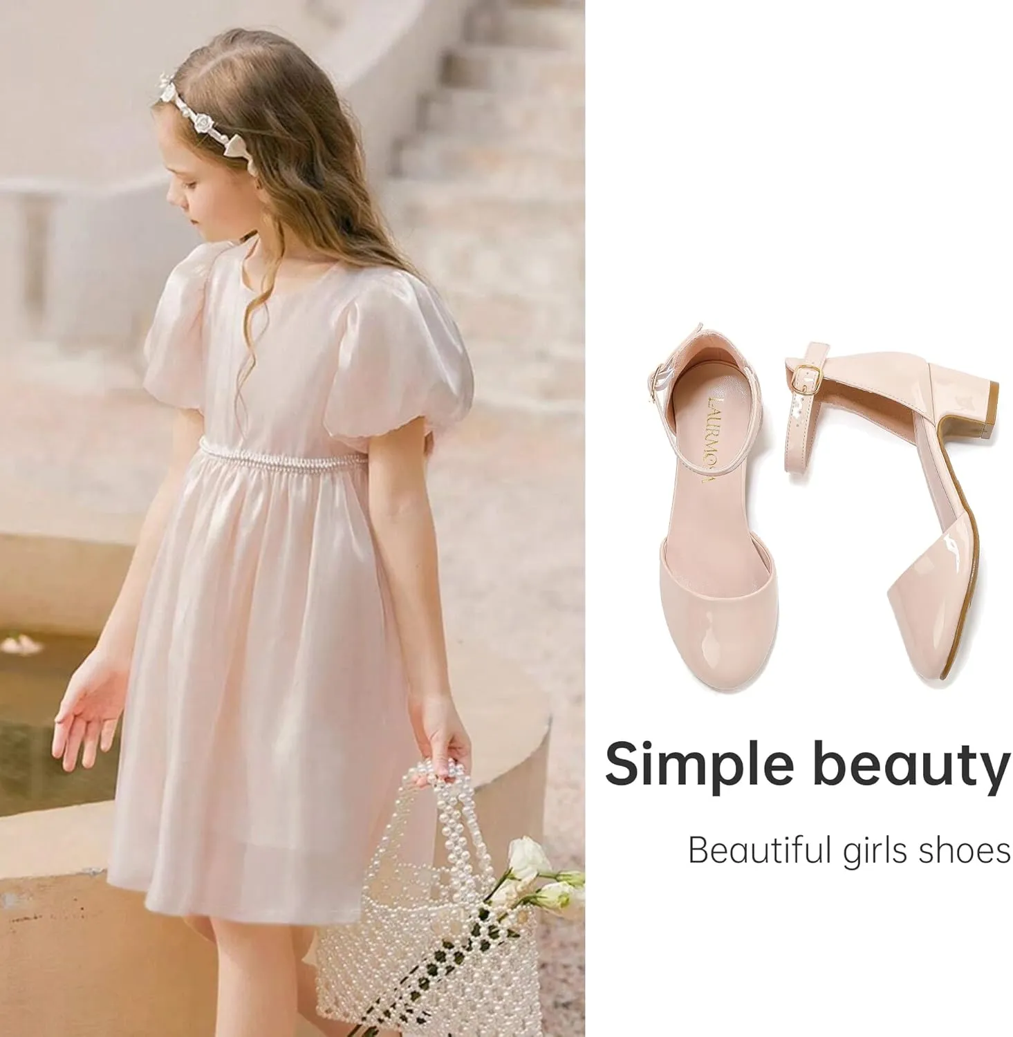 Girls Dress Shoes Closed Toe Chunky High Heels Ankle Strap Wedding Party Pump Shoes