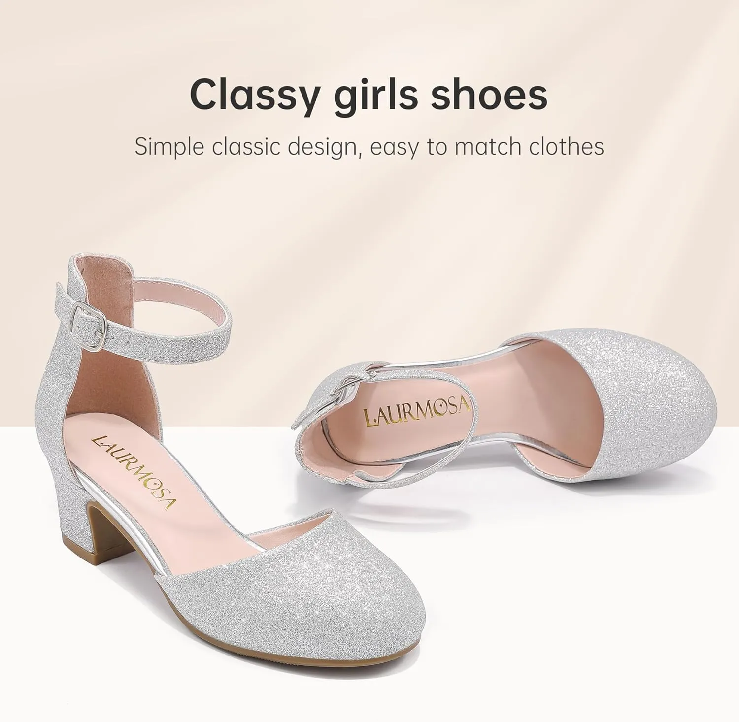 Girls Dress Shoes Closed Toe Chunky High Heels Ankle Strap Wedding Party Pump Shoes