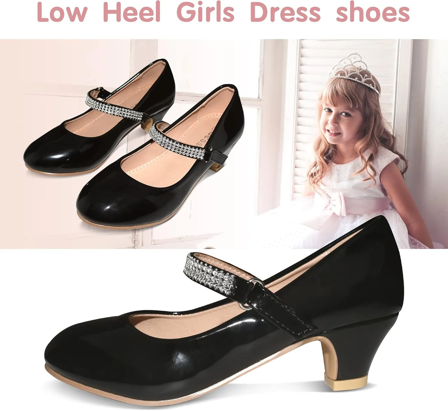 Girls Dress Shoes Mary Jane Shoes for Girls with Low Heel, Princess Flower Ballet Flats for Wedding School Party