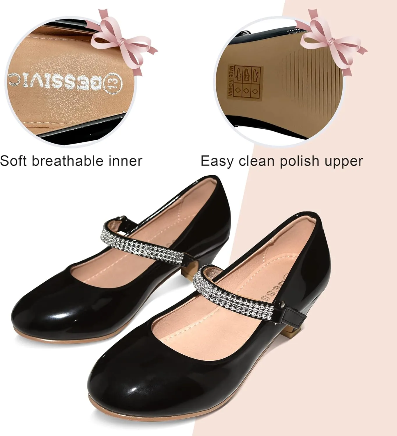 Girls Dress Shoes Mary Jane Shoes for Girls with Low Heel, Princess Flower Ballet Flats for Wedding School Party
