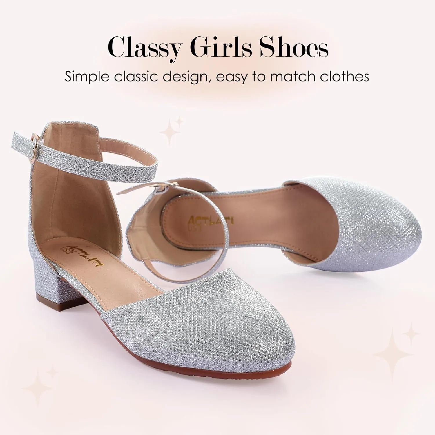 Girls Glitter Dress Shoes - Closed Toe Chunky High Heels with Ankle Strap for Weddings, Parties, and Special Occasions (Big Kid)