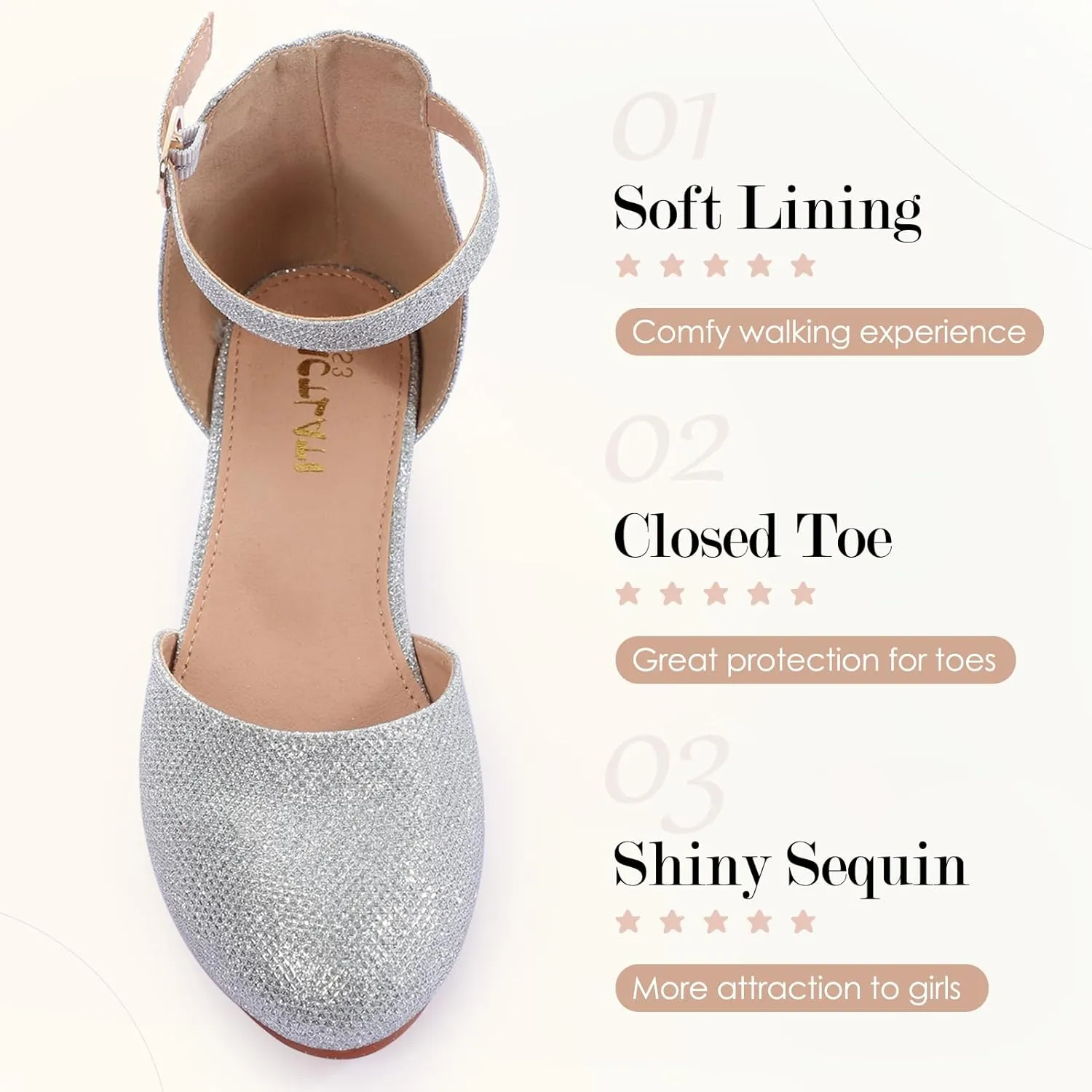 Girls Glitter Dress Shoes - Closed Toe Chunky High Heels with Ankle Strap for Weddings, Parties, and Special Occasions (Big Kid)