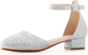 Girls Glitter Dress Shoes - Closed Toe Chunky High Heels with Ankle Strap for Weddings, Parties, and Special Occasions (Big Kid)