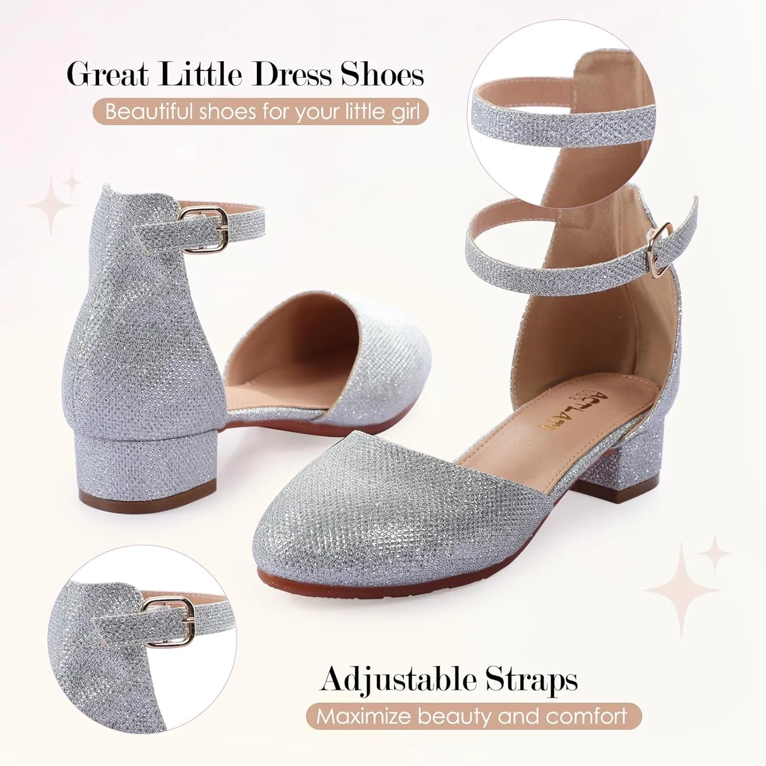 Girls Glitter Dress Shoes - Closed Toe Chunky High Heels with Ankle Strap for Weddings, Parties, and Special Occasions (Big Kid)