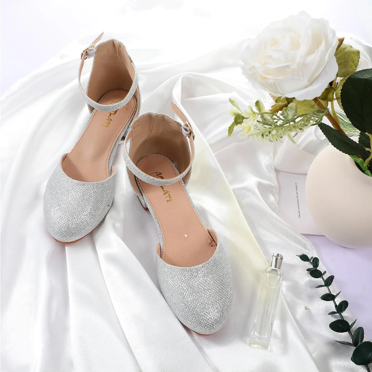 Girls Glitter Dress Shoes - Closed Toe Chunky High Heels with Ankle Strap for Weddings, Parties, and Special Occasions (Big Kid)