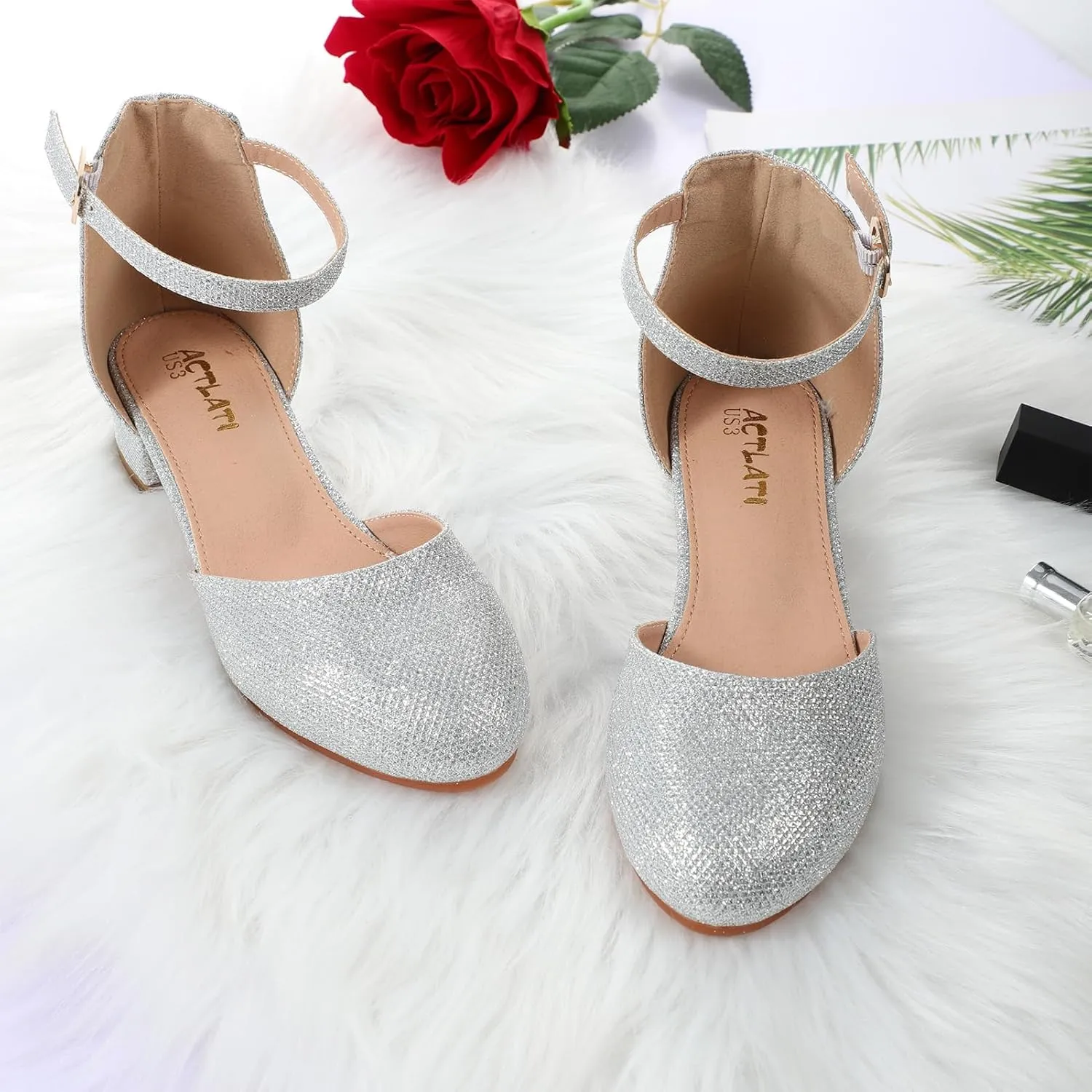 Girls Glitter Dress Shoes - Closed Toe Chunky High Heels with Ankle Strap for Weddings, Parties, and Special Occasions (Big Kid)