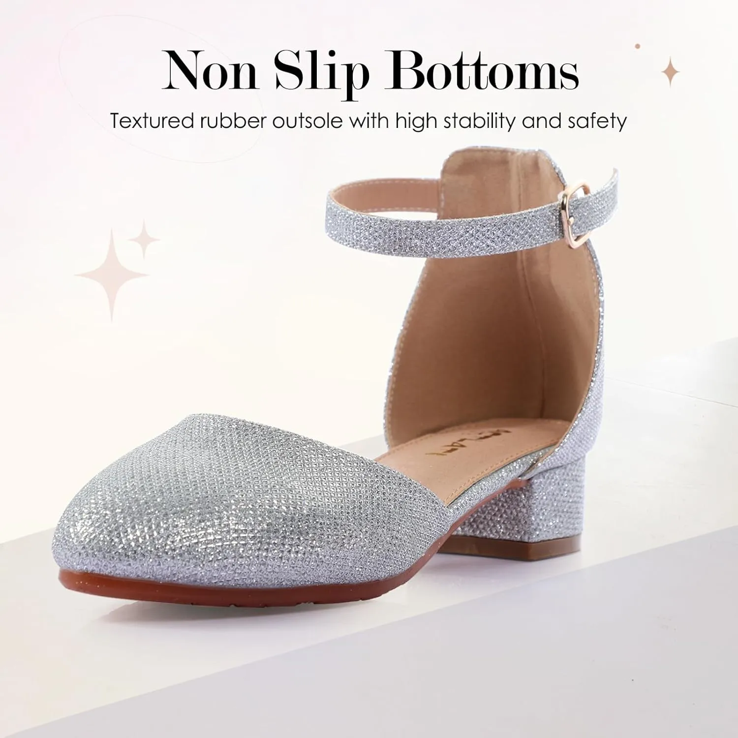 Girls Glitter Dress Shoes - Closed Toe Chunky High Heels with Ankle Strap for Weddings, Parties, and Special Occasions (Big Kid)