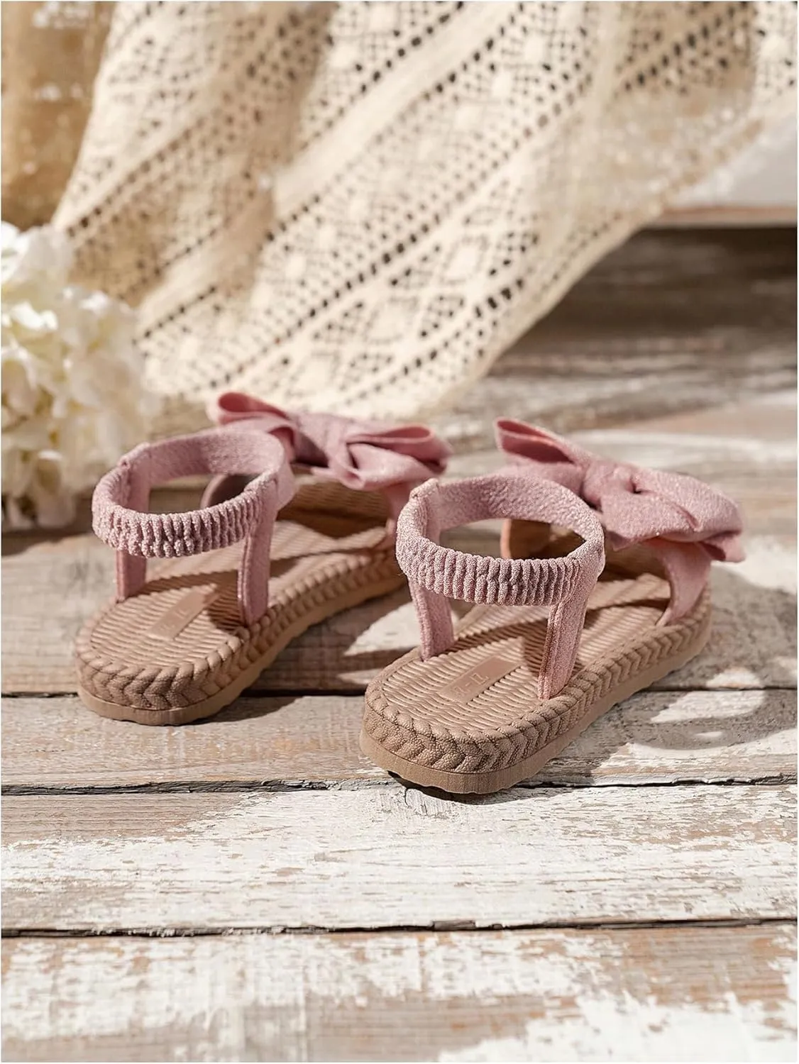 GORGLITTER Girl's Bow Sandals Open Toe Ankle Strap Straw Flats Cute Beach Vacation Slide Shoes