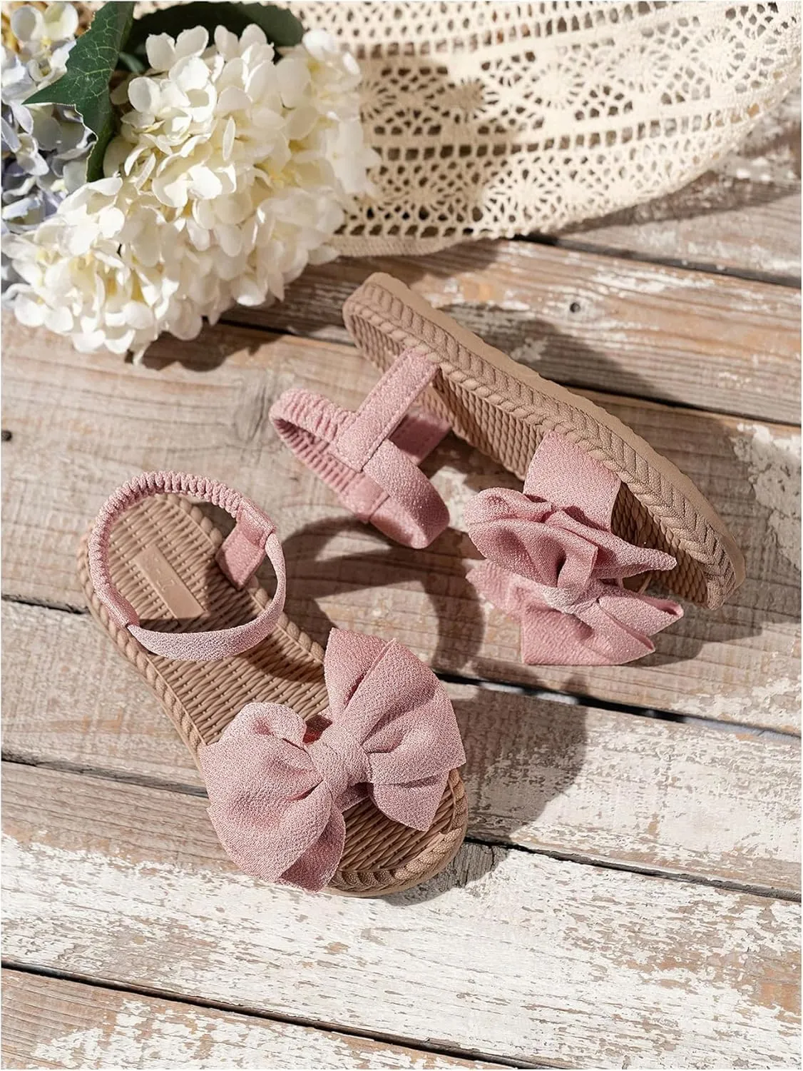 GORGLITTER Girl's Bow Sandals Open Toe Ankle Strap Straw Flats Cute Beach Vacation Slide Shoes