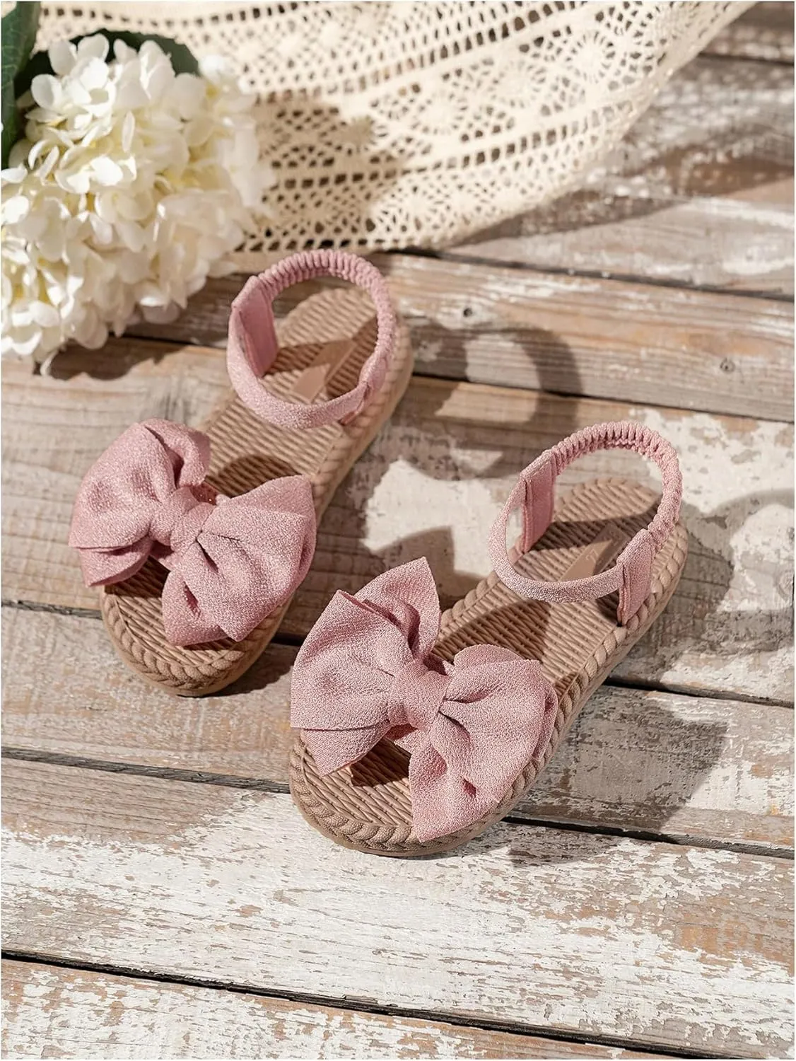 GORGLITTER Girl's Bow Sandals Open Toe Ankle Strap Straw Flats Cute Beach Vacation Slide Shoes