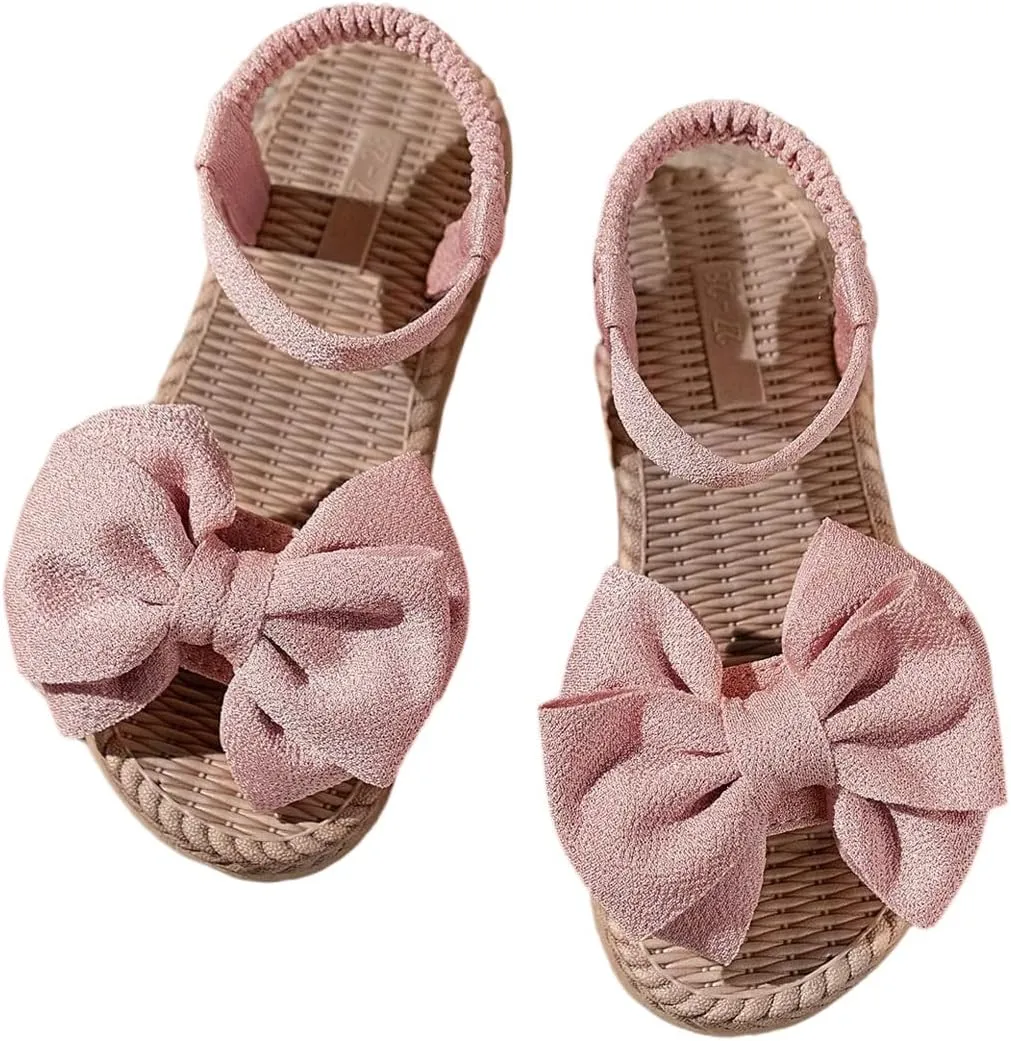 GORGLITTER Girl's Bow Sandals Open Toe Ankle Strap Straw Flats Cute Beach Vacation Slide Shoes