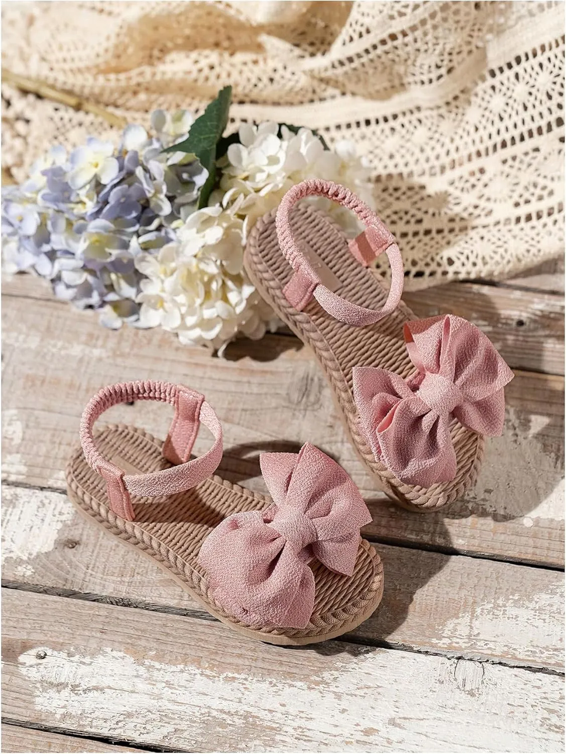 GORGLITTER Girl's Bow Sandals Open Toe Ankle Strap Straw Flats Cute Beach Vacation Slide Shoes