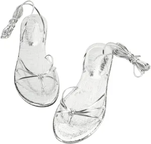 GORGLITTER Women's Gold Metallic Lace Up Sandals Strappy Open Toe Thong Tie Up Slides