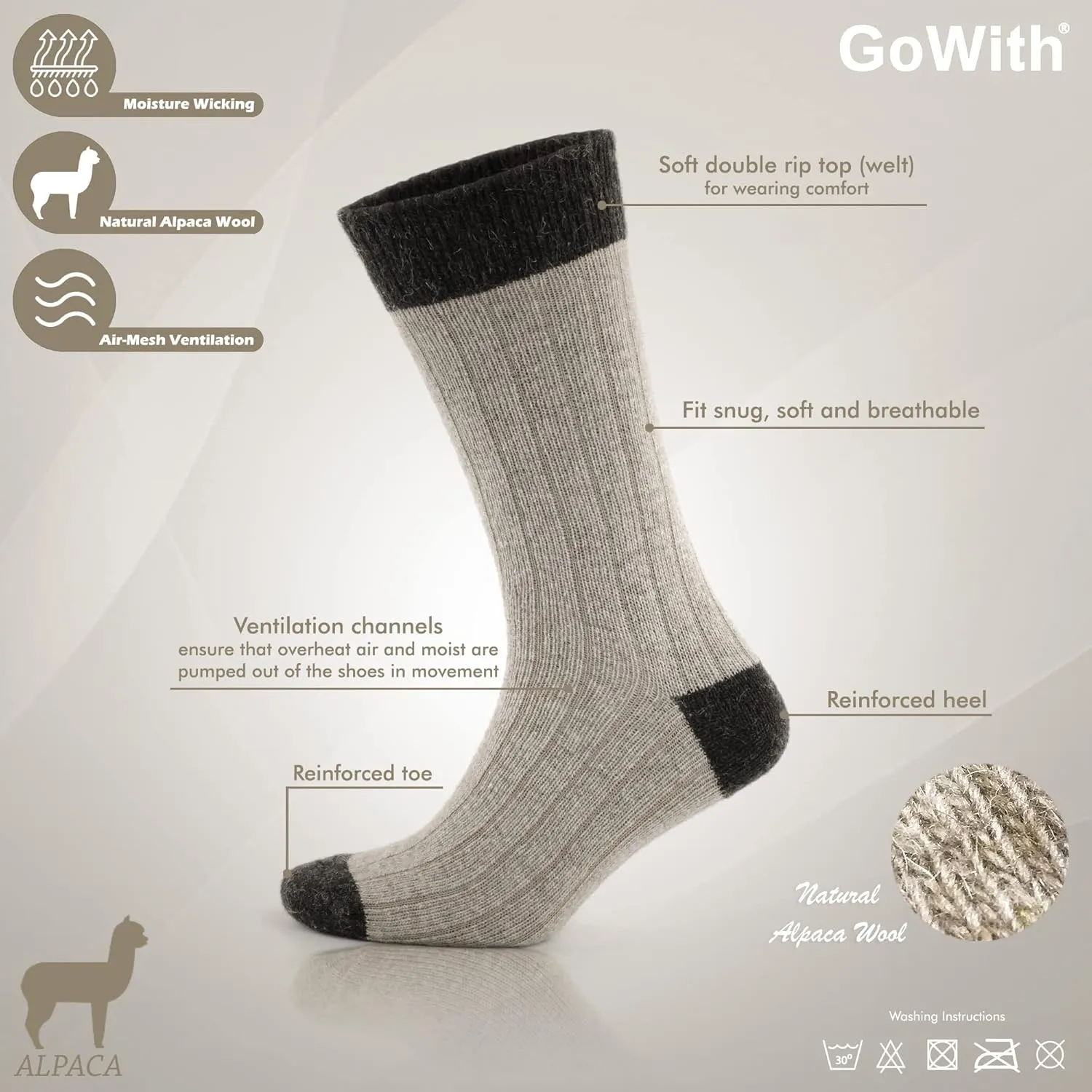 GoWith Alpaca Wool Socks for Men & Women, Alpaca-Merino Blend Warm Cozy Crew Socks, Thermal Regular-Fit Boot Socks