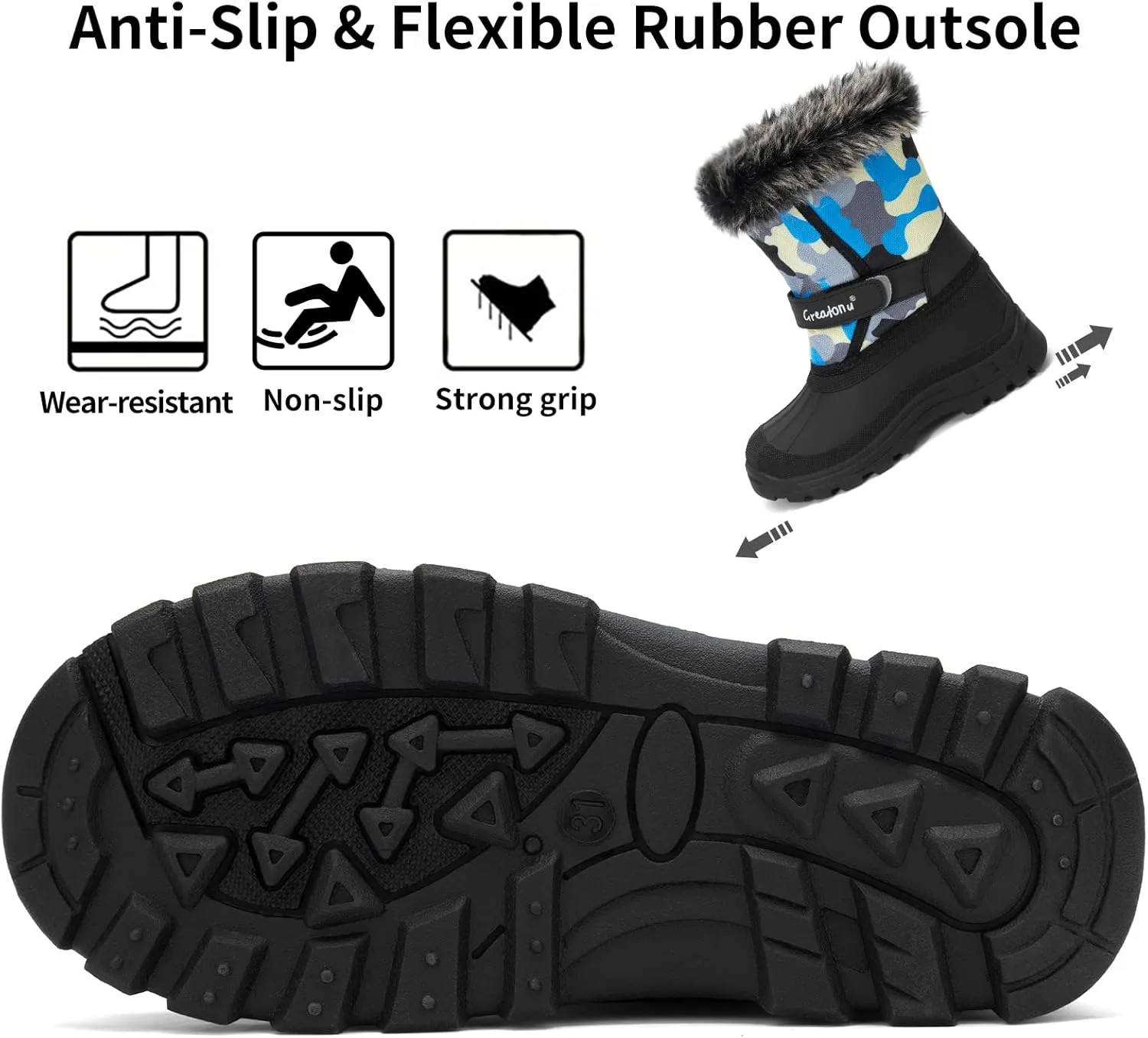 Greatonu Kids Snow Boots Waterproof Boys Girls Winter Boots Mid Calf Insulated Duck Boots