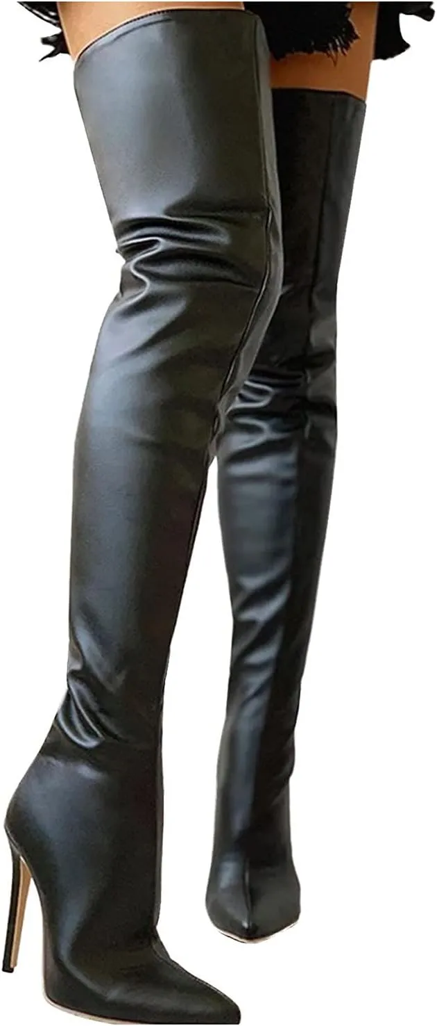 Hbeylia Stiletto Thigh High Boots For Women Ladies Fashion Leather Pointed Toe Dressy Pump Over The Knee Boots With Back Zipper High Heels Tall Boots For Wedding Halloween Christmas Party Dress Skirt