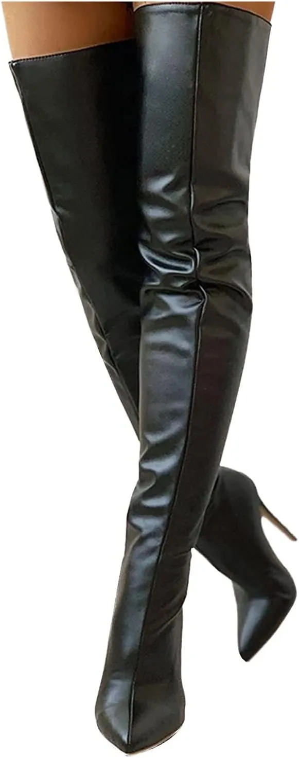 Hbeylia Stiletto Thigh High Boots For Women Ladies Fashion Leather Pointed Toe Dressy Pump Over The Knee Boots With Back Zipper High Heels Tall Boots For Wedding Halloween Christmas Party Dress Skirt