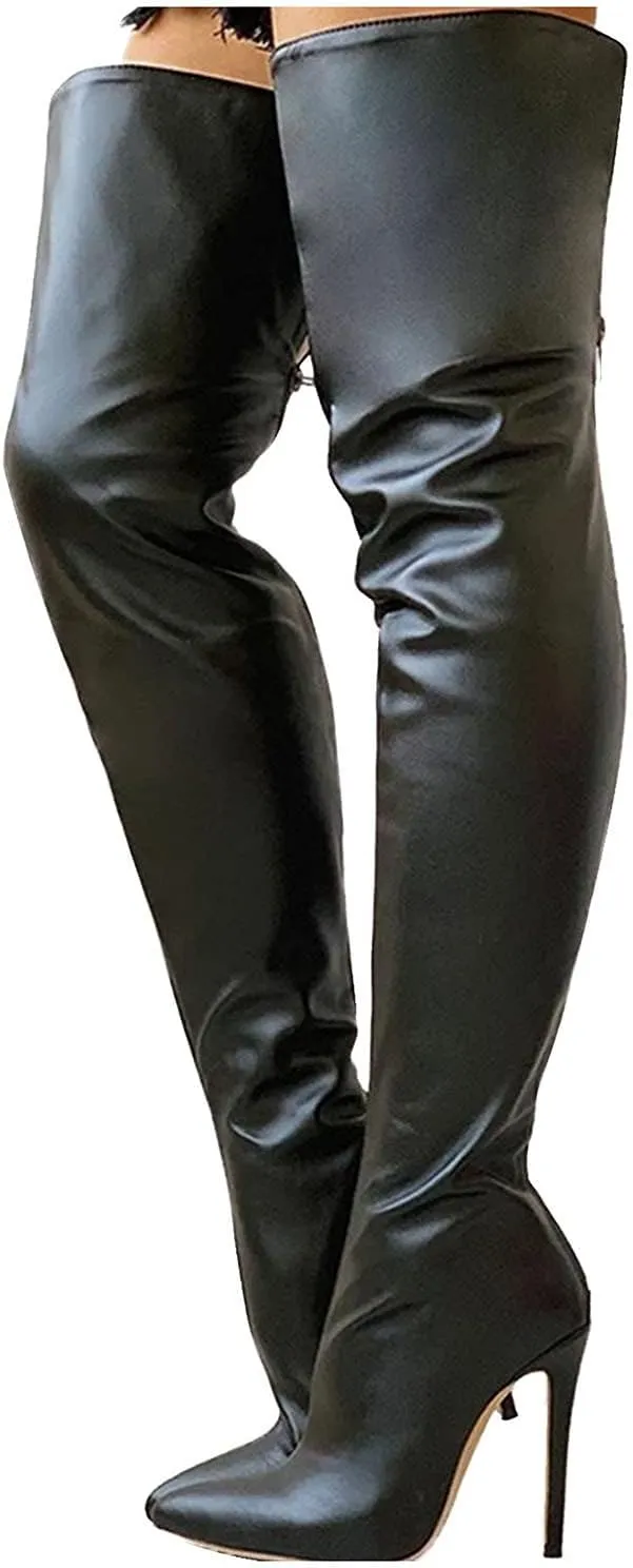 Hbeylia Stiletto Thigh High Boots For Women Ladies Fashion Leather Pointed Toe Dressy Pump Over The Knee Boots With Back Zipper High Heels Tall Boots For Wedding Halloween Christmas Party Dress Skirt