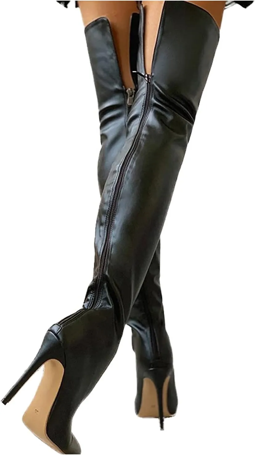 Hbeylia Stiletto Thigh High Boots For Women Ladies Fashion Leather Pointed Toe Dressy Pump Over The Knee Boots With Back Zipper High Heels Tall Boots For Wedding Halloween Christmas Party Dress Skirt