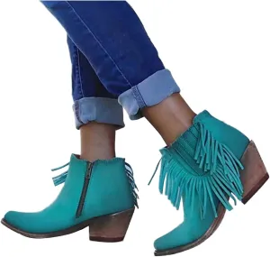 Hbeylia Tassel Boots For Women Ladies Ethnic Vintage Leather Pointed Toe Chunky Block Mid Heels Western Cowboy Cowgirls Boots Ankle Booties With Fringe Boho Travel Winter Fall Short Boots For Wedding
