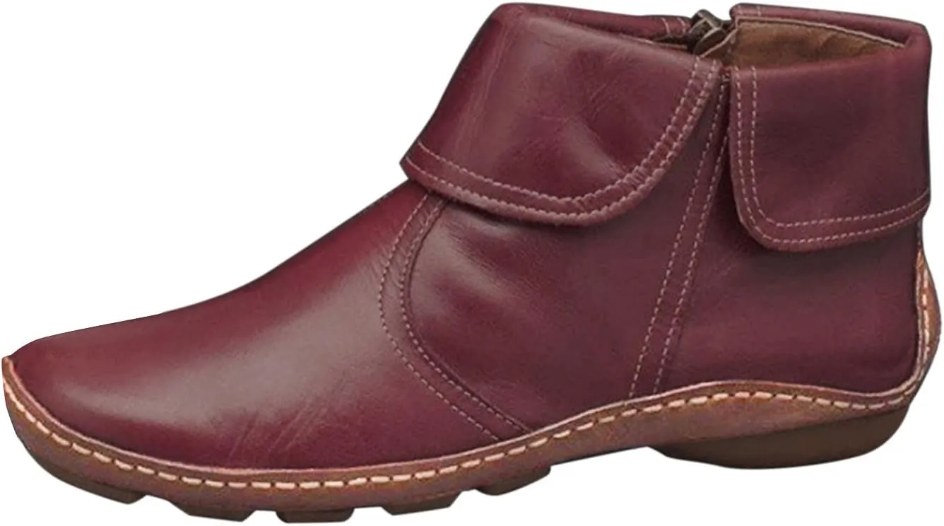 Hbeylia Vintage Ankle Boots for Women Retro Western Leather Cuff Ankle Round Toe Flat Low Heel Cowboy Cowgirl Short Boots (Wine, 10)