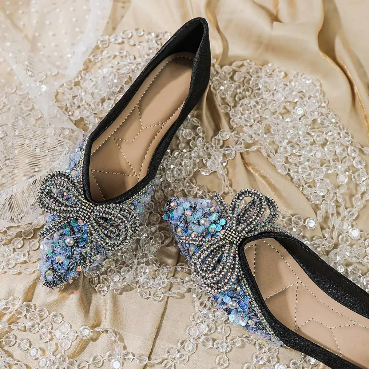 Hee grand Bow-Knot Crystals Ballet Flats Women Pointed Toe Slip On Flats Fashion Rhinestones Dressy Dress Shoes Comfort Work Flats
