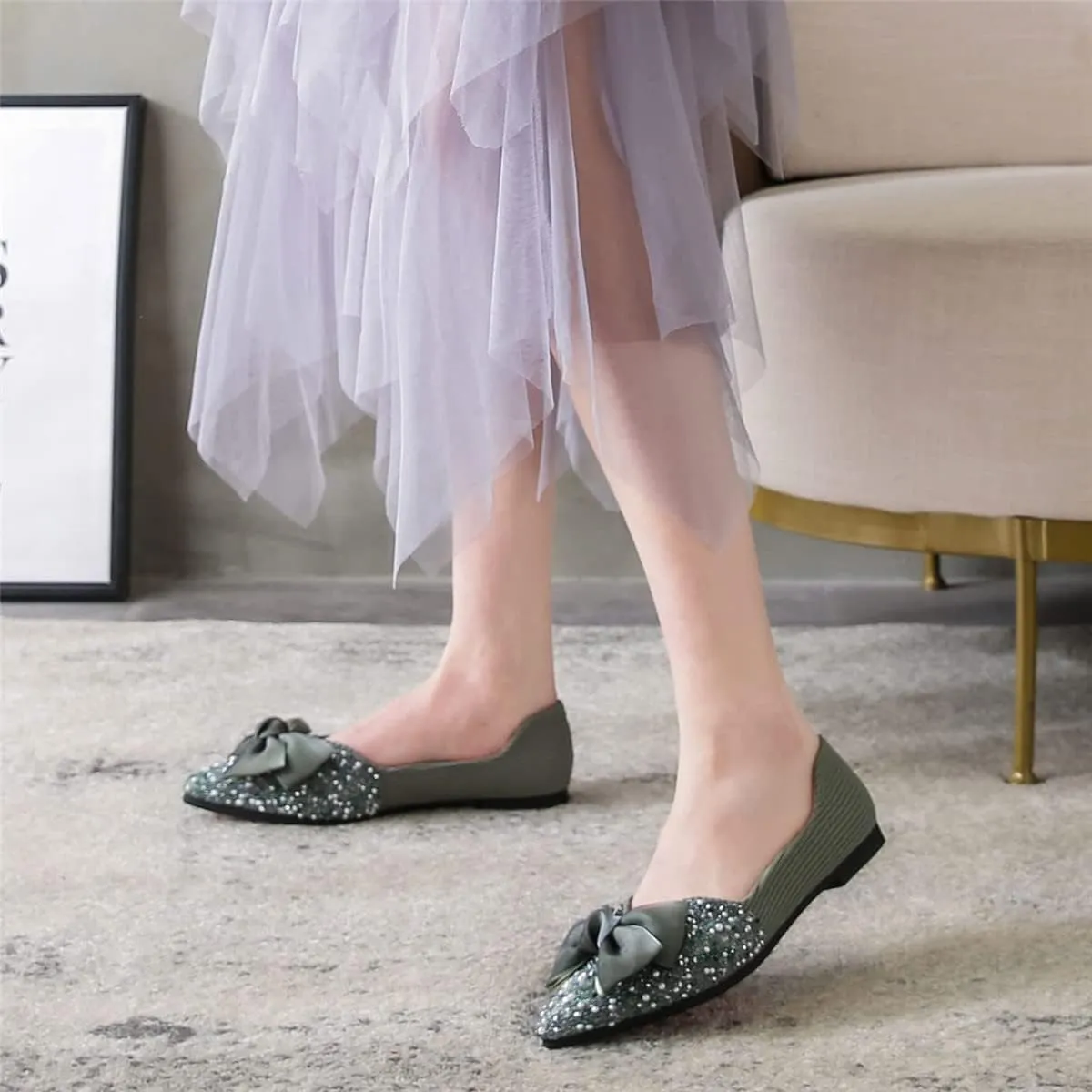 Hee grand Bow-Knot Crystals Ballet Flats Women Pointed Toe Slip On Flats Fashion Rhinestones Dressy Dress Shoes Comfort Work Flats