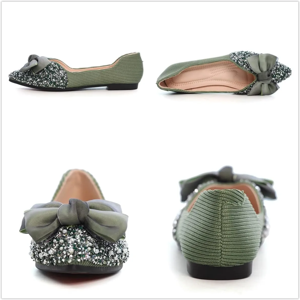 Hee grand Bow-Knot Crystals Ballet Flats Women Pointed Toe Slip On Flats Fashion Rhinestones Dressy Dress Shoes Comfort Work Flats