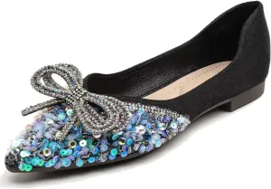 Hee grand Bow-Knot Crystals Ballet Flats Women Pointed Toe Slip On Flats Fashion Rhinestones Dressy Dress Shoes Comfort Work Flats