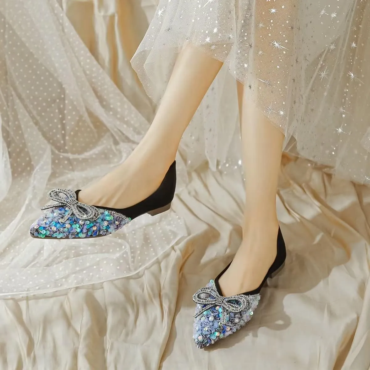 Hee grand Bow-Knot Crystals Ballet Flats Women Pointed Toe Slip On Flats Fashion Rhinestones Dressy Dress Shoes Comfort Work Flats