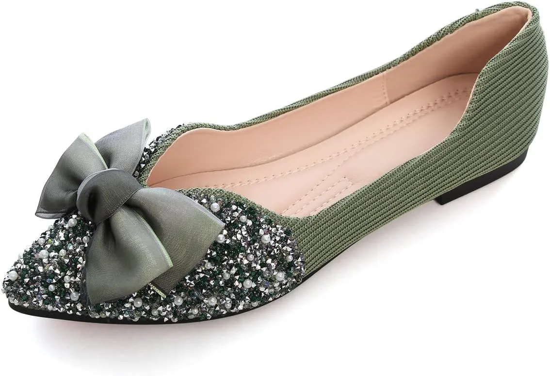 Hee grand Bow-Knot Crystals Ballet Flats Women Pointed Toe Slip On Flats Fashion Rhinestones Dressy Dress Shoes Comfort Work Flats