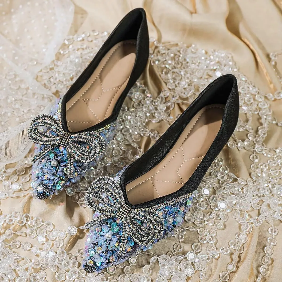 Hee grand Bow-Knot Crystals Ballet Flats Women Pointed Toe Slip On Flats Fashion Rhinestones Dressy Dress Shoes Comfort Work Flats
