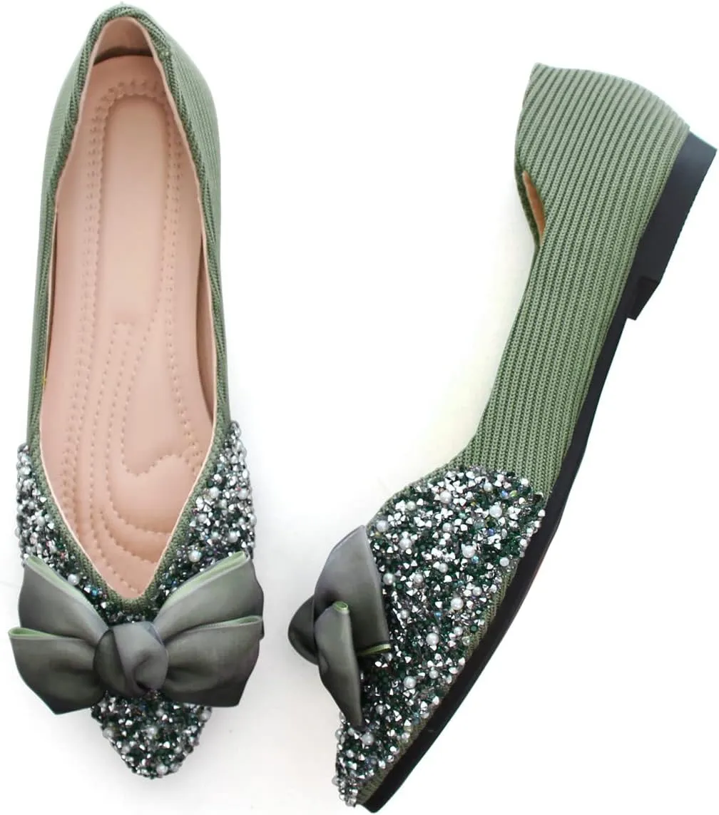 Hee grand Bow-Knot Crystals Ballet Flats Women Pointed Toe Slip On Flats Fashion Rhinestones Dressy Dress Shoes Comfort Work Flats