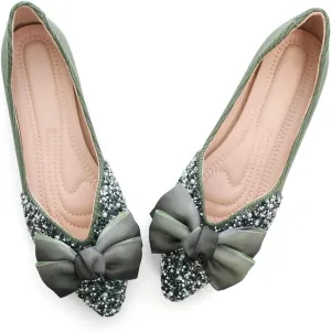 Hee grand Bow-Knot Crystals Ballet Flats Women Pointed Toe Slip On Flats Fashion Rhinestones Dressy Dress Shoes Comfort Work Flats