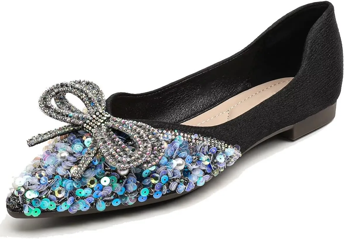 Hee grand Bow-Knot Crystals Ballet Flats Women Pointed Toe Slip On Flats Fashion Rhinestones Dressy Dress Shoes Comfort Work Flats