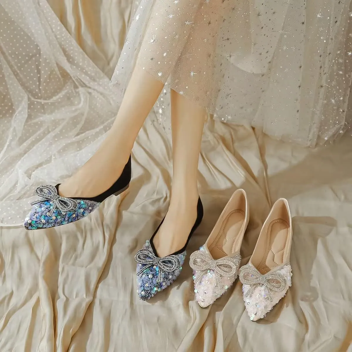 Hee grand Bow-Knot Crystals Ballet Flats Women Pointed Toe Slip On Flats Fashion Rhinestones Dressy Dress Shoes Comfort Work Flats