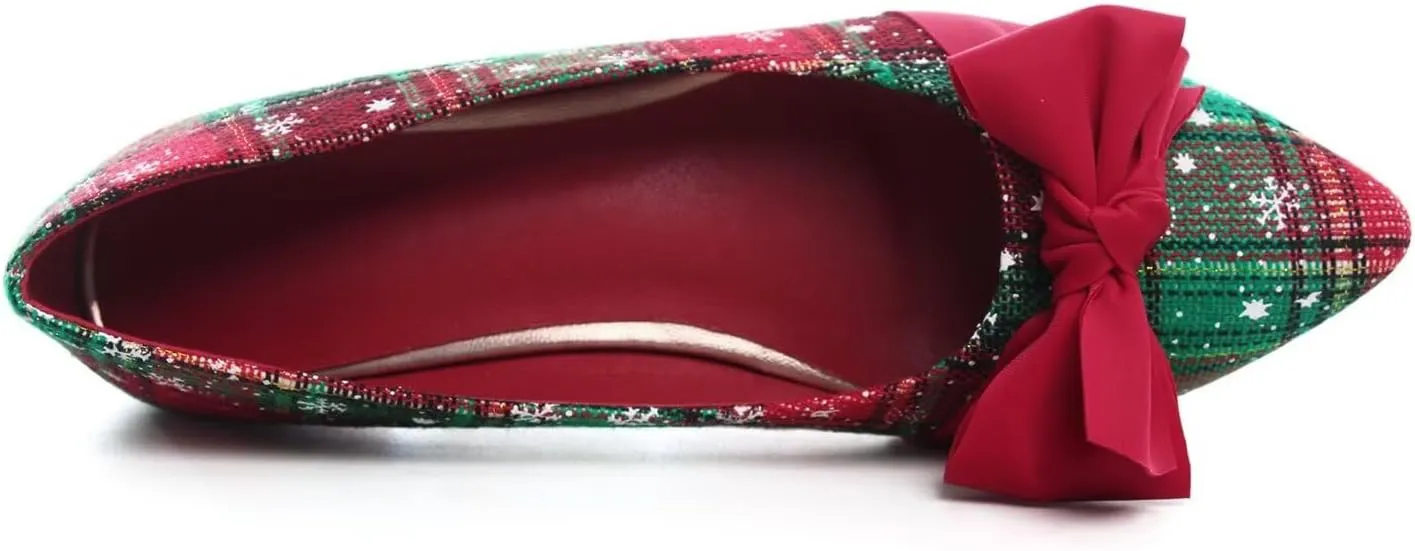 Hee grand Christmas Shoes for Women Pointed Toe Plaid Snowflake Flat Shoes Comfortable Slip on Flats Red/Green Shoes for Christmas