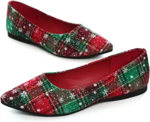Hee grand Christmas Shoes for Women Pointed Toe Plaid Snowflake Flat Shoes Comfortable Slip on Flats Red/Green Shoes for Christmas