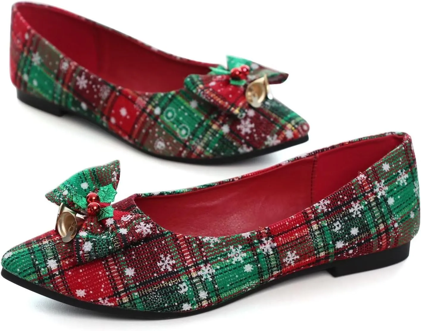 Hee grand Christmas Shoes for Women Pointed Toe Plaid Snowflake Flat Shoes Comfortable Slip on Flats Red/Green Shoes for Christmas