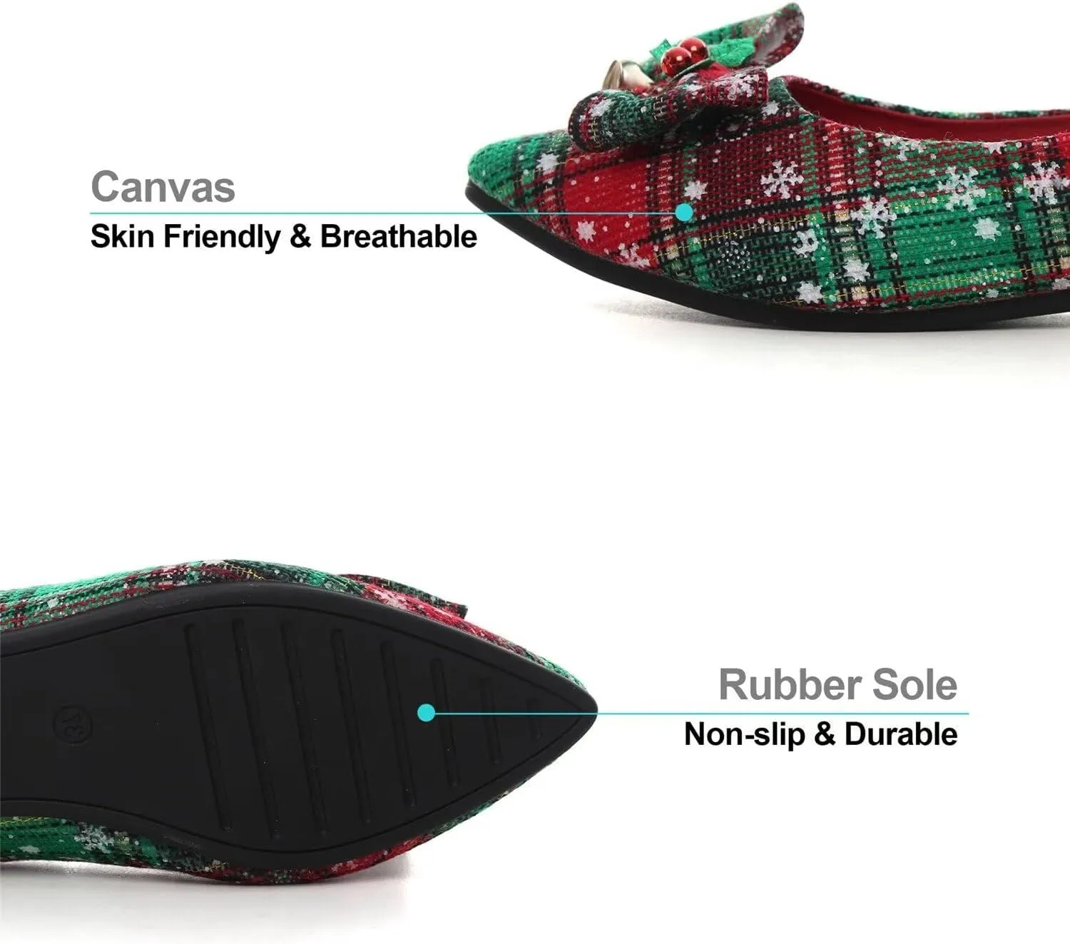 Hee grand Christmas Shoes for Women Pointed Toe Plaid Snowflake Flat Shoes Comfortable Slip on Flats Red/Green Shoes for Christmas