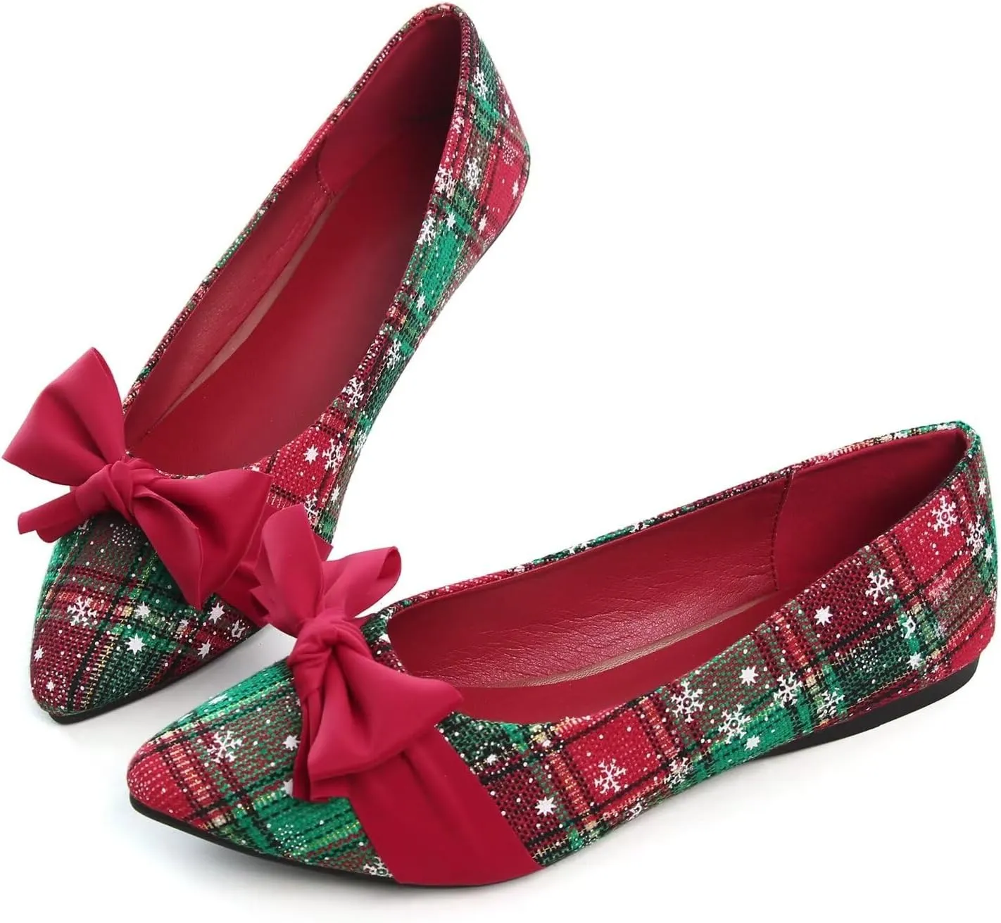 Hee grand Christmas Shoes for Women Pointed Toe Plaid Snowflake Flat Shoes Comfortable Slip on Flats Red/Green Shoes for Christmas